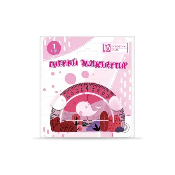 Транспортир 10 см Феникс, 180 градусов, пластик, розовый, фигурная вырубка