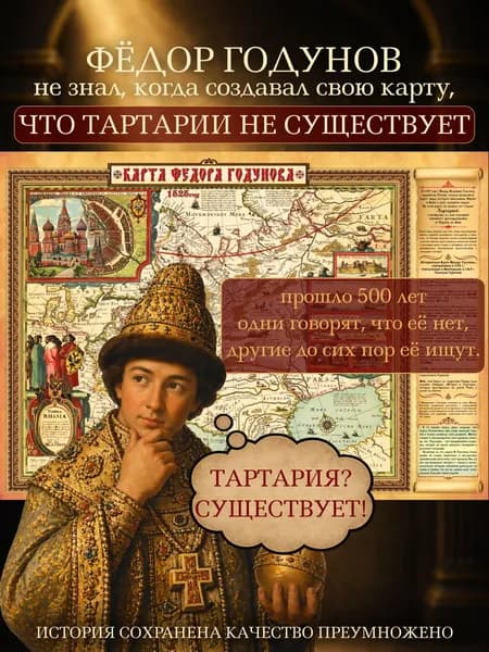 Историческая Карта Ф.Годунова репринт 17 века Великая Русь, Тартария и Европа 70х50 см