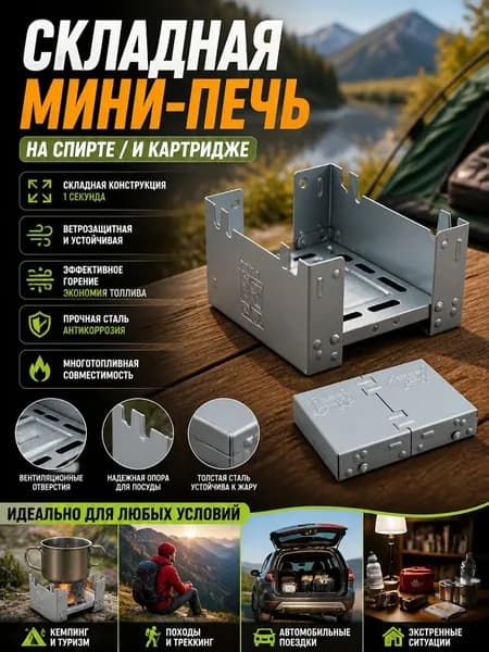 Подставка-горелка таганок для сухого горючего, разборная мини печь , для рыбалки, охоты, кемпинга, разогрева еды и кипячения воды