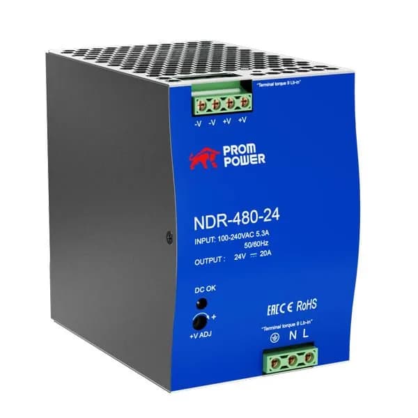 Источник питания Prompower NDR-480-24, на выходе 24 В DC, 20 А, 480 Вт. Входное 85-264 В AC (120-370 В DC)