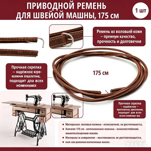 Приводной ремень для швейной машины, ремень из воловьей кожи 175 см, со скрепкой, для ножных швейных машин Чайка, Подольск, импортных