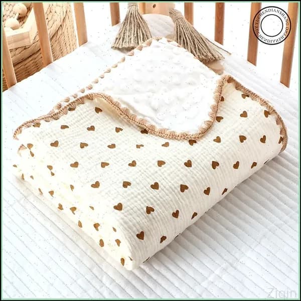 Плед 100x100 см хлопок сердечки светло-бежевый