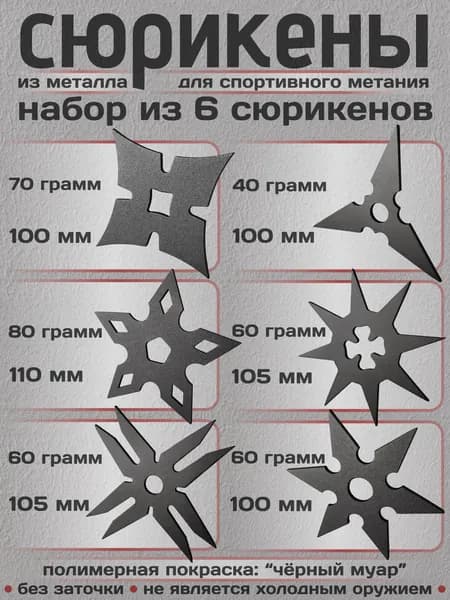 Сюрикены тренировочные металлические. Набор из 6 штук. Чёрный муар