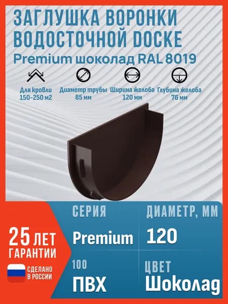 Заглушка воронки водосточной Docke Premium, шоколад (RAL 8019) / Заглушка желоба Деке Премиум