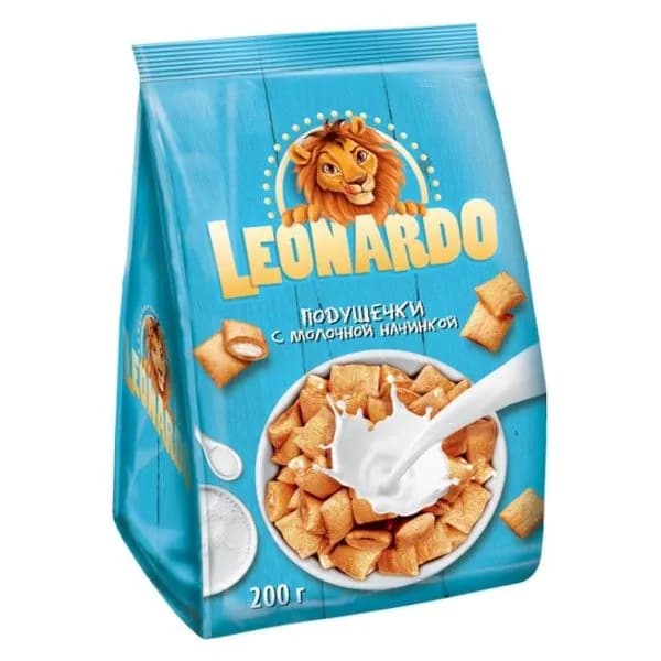 LEONARDO Готовый сухой завтрак Подушечки с молочной начинкой, 250 гр/