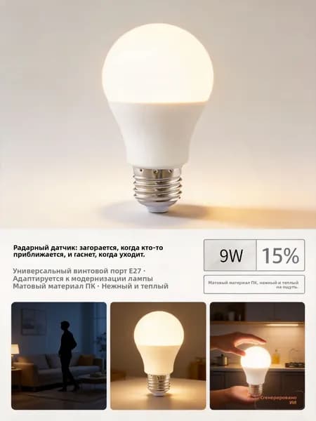 Лампочка, Цоколь:E27, 9 Вт, Люминесцентная (энергосберегающая), 1 шт.