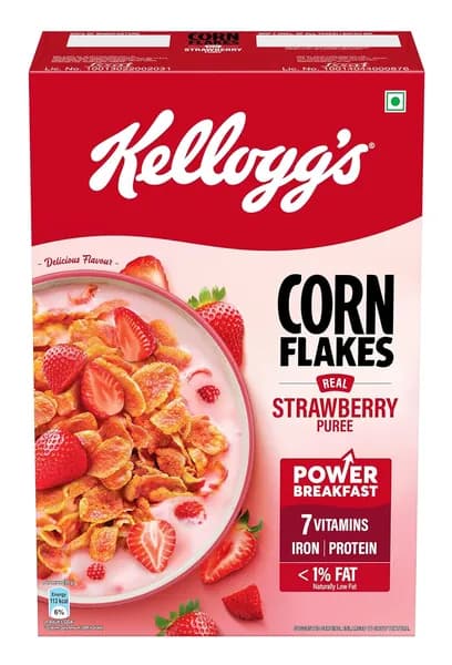 Kellogg's Крошки из кукурузы с настоящей клубникой богаты железом, витаминами 1, 2, 3, 6, Крошки из кукурузы, завтраковая крупа естественно без холест