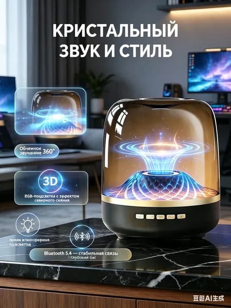 Беспроводная колонка блютуз, портативная акустика с сабвуфером-ПРОЗРАЧНЫЙ-КОРПУС-RGB-ПОДСВЕТКА, мощная музыкальная колонка 360 звук для дома и в подарок.