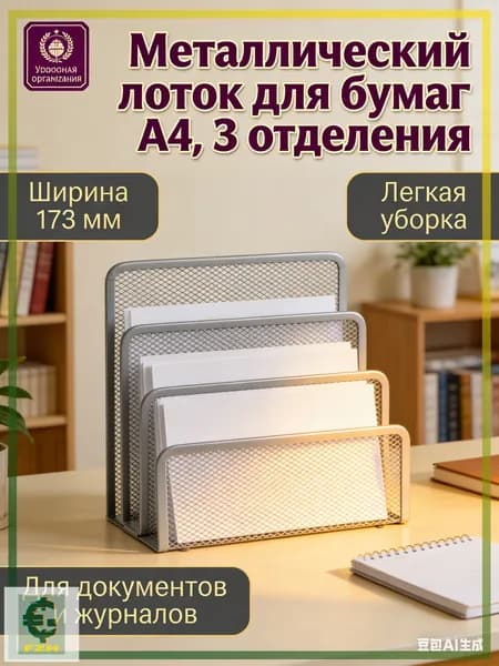 Лоток для бумаг вертикальный металлический А4, 3 отделения, серебристый сетчатый органайзер для документов и папок на стол