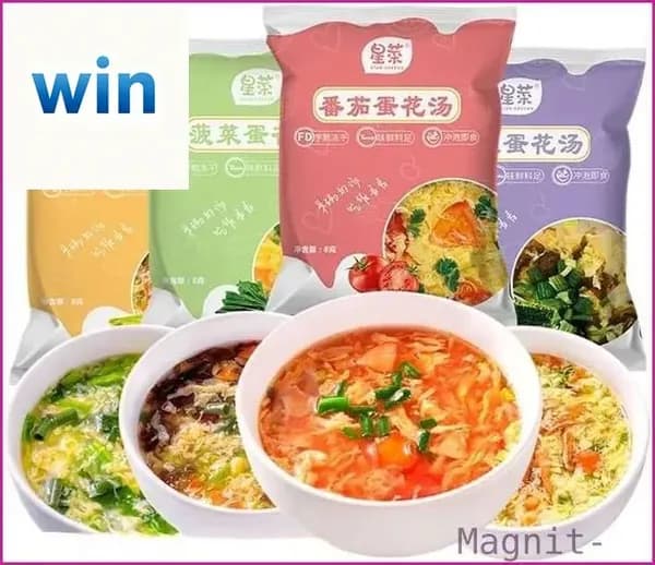 Бестселлер ОзонСвежий сублимированный овощной суп, смесь 4 вкусов 8 г/пакет: суп с водорослями и яичными хлопьями, питательный томатный суп, полезный суп со шпинатом.