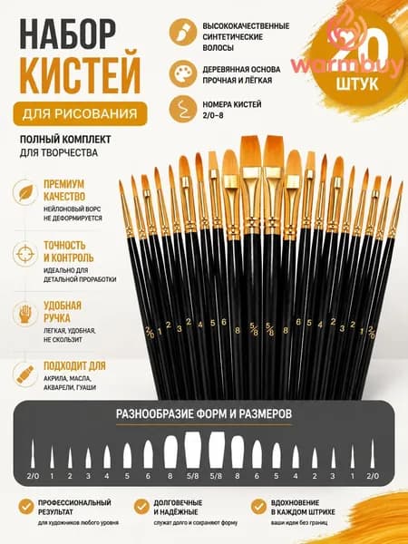 Кисть для рисования Ассорти №1, 2, 20 шт.