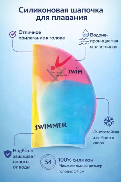 Шапочка плавательная SWIM, разноцветная