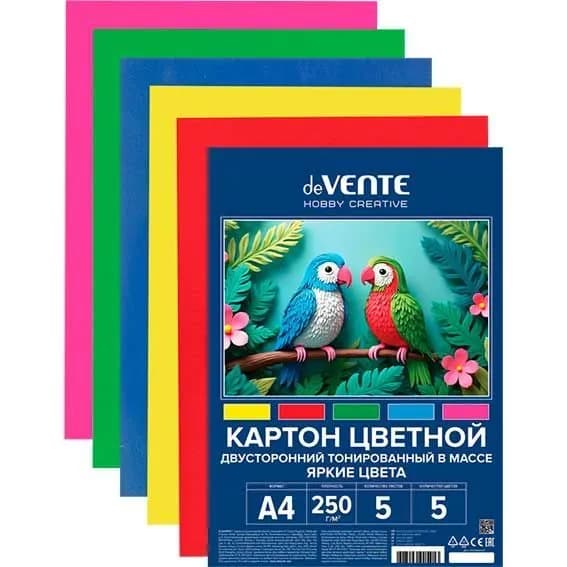 Картон цветной двусторонний тонированный А4 5л 5цв deVENTE 8114527, яркие цвета, пластиковый пакет, европодвес