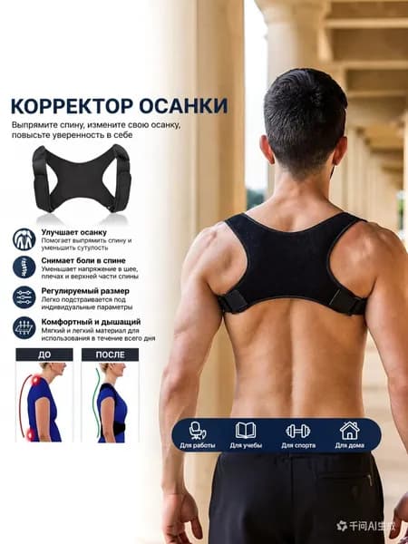 Корректор осанки для взрослых чёрный унисекс регулируемый от сутулости ортопедический корректор спины для спины и плеч послеродовой