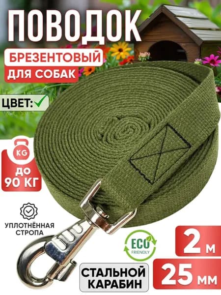 Поводок для собак брезентовый 2 м х 25 мм прошитый зеленый