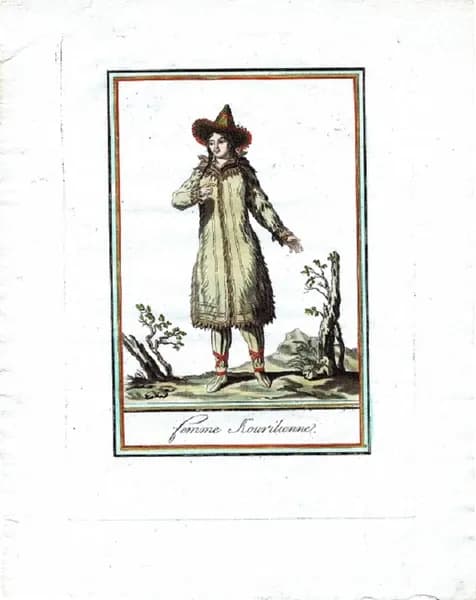 Жительница Курил. Антикварная гравюра (смешанная техника, ручная раскраска). Франция, 1796 год