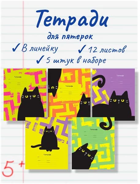 Набор тетрадей школьных "Черный кот", в линейку, 12 листов