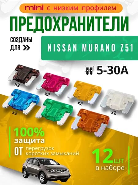 Предохранители для Ниссан Мурано Z51 (Nissan Murano Z51) / автомобильный набор Мини с низким профилем, 12 штук с пинцетом / флажковые 5-30 А
