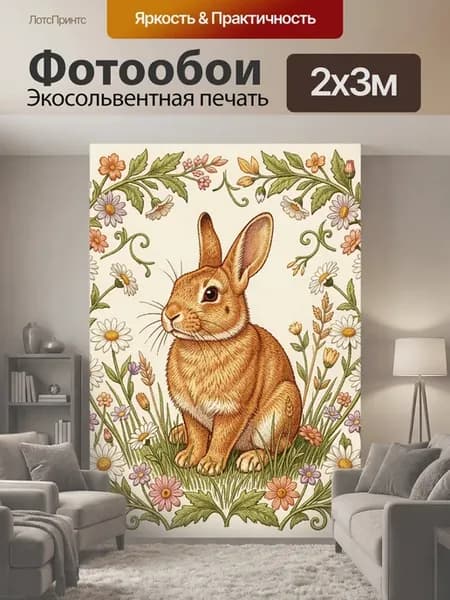 Фотообои "Кролик среди полевых цветов. Рыжий кролик." 2x3м