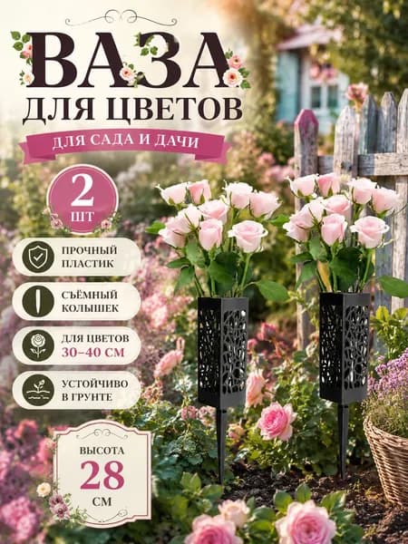 Ажурная ваза для цветов на колышке ритуальная, комплект пластиковых ваз для кладбища и могилы 2 шт, прочный пластик 28 см, черная