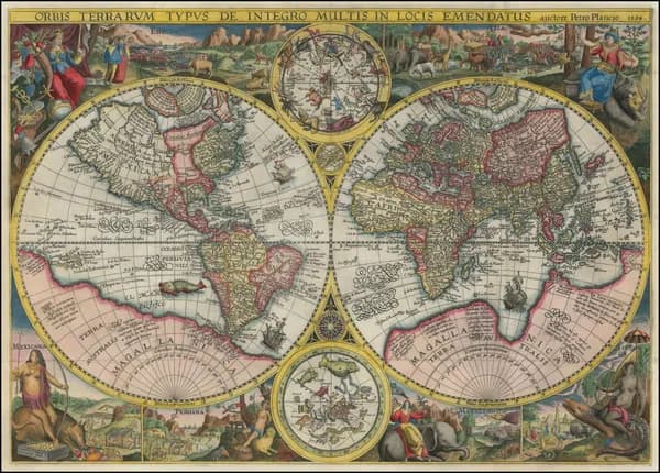 Карта мира настенная - Репринт старинной карты мира 1594 года - 100х80см
