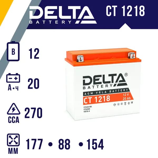 Аккумулятор стартерный для мототехники DELTA CT 1218 (YTX20-BS; YTX20H; YB16-B-CX; YB16-B; YB18-A)