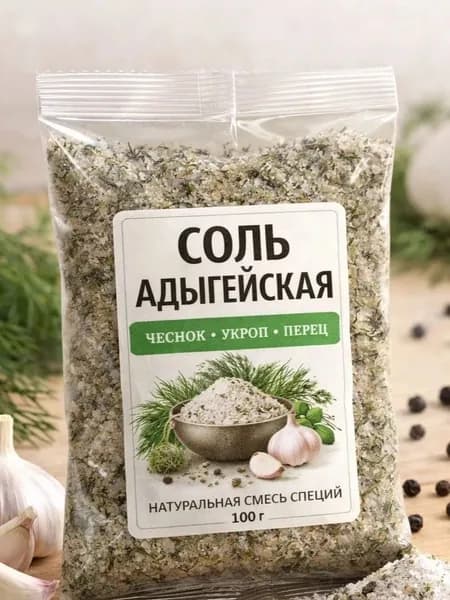 Адыгейская соль с чесноком и травами 100 г натуральная соль с приправами для мяса, курицы и овощей без добавок