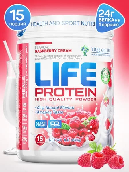 Многокомпонентный протеин, Tree of Life Life Protein 450 гр, 15 порций, малиновое мороженое