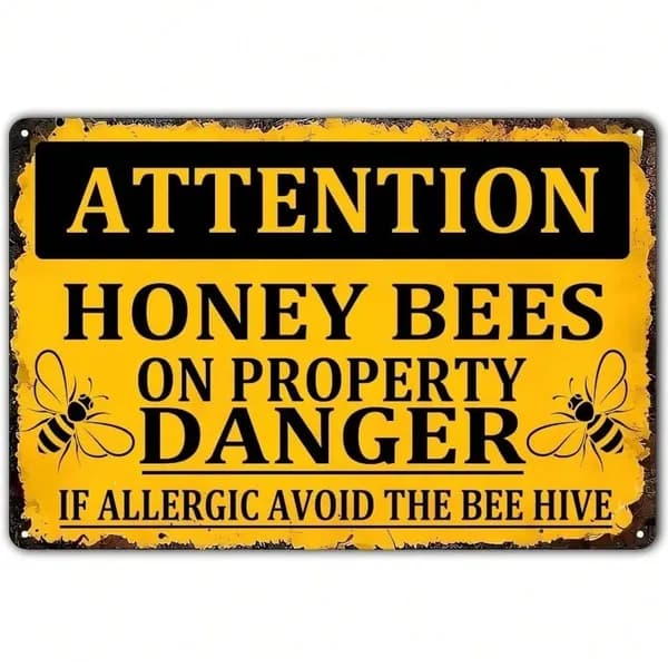 Винтажная металлическая плакатка Attention Honey Bees пчелы предупреждение декор для дачи 20x30cm