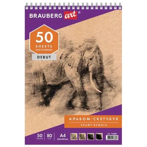 Скетчбук BRAUBERG ART крафт-бумага 80 г/м2, 205х290 мм, 50 л., (110982-4027/1)