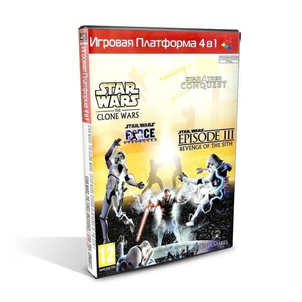 Игра для PS2 Сборник 4 в 1, Star Wars The Force Unleashed, Star Wars The Clone Wars, Star Wars Episode III Revenge of the Sith, Star Trek Conquest, экшен приключения, русская версия, 2DVD