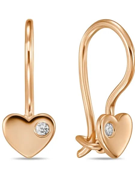 Серьги детские из красного золота сердечки с фианитами MIUZ Diamonds