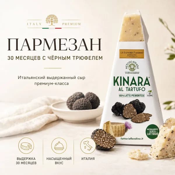Сыр пармезан с чёрным трюфелем Kinara al Tartufo выдержанный, безлактозный, для пасты и сырных тарелок.
