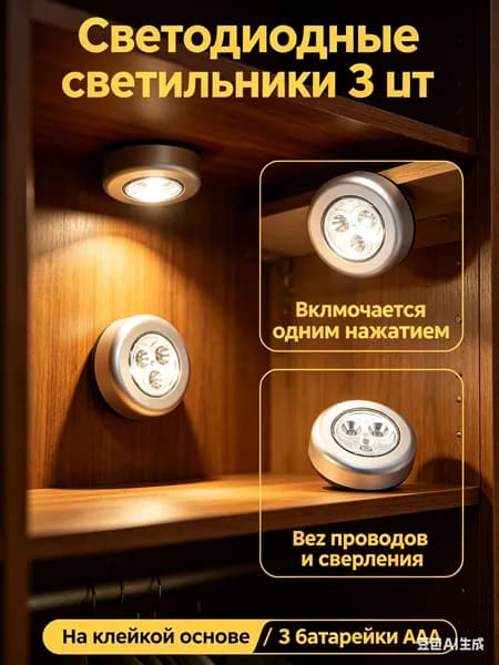 Светильник светодиодный накладной, ночник-беспроводной-на-батарейках-нажимной-3шт, подсветка для шкафа и кухни