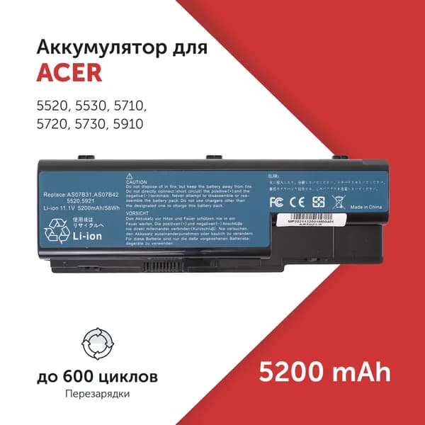 Аккумулятор AS07B31 для Acer Aspire 5520 / 5530 / 6530G / 7520G / 7730G (AS07B71, JDW50) 11.1 V