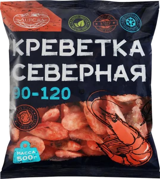 Креветки северные варено-мороженые AURORA 90 120, глазурь 14%, 500г