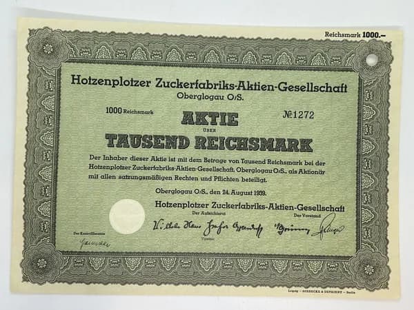 Акция Германия. Сахарный завод, 1000 рейхсмарок 1939 год №38