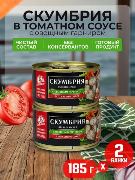За Родину - Скумбрия атлантическая с овощным гарниром в томатном соусе, 185 г - 2 шт