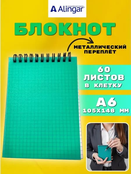 Блокнот для записей Alingar, в клетку, 60 листов, A6, 1 штука . обложка пластик, зелёный AL 4176 Алингар Амаз