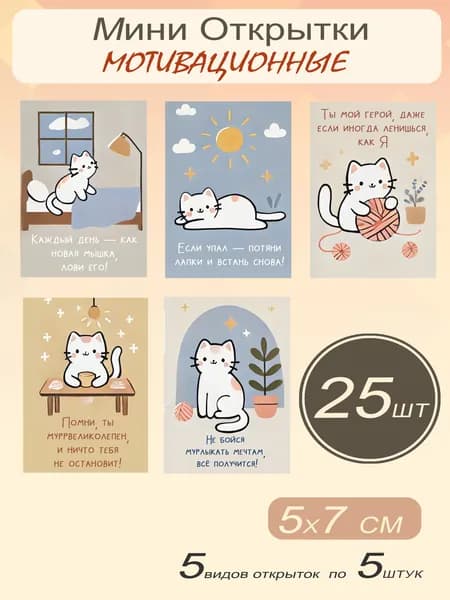 Открытки мотивационные с пожеланиями "Котики" 25 шт