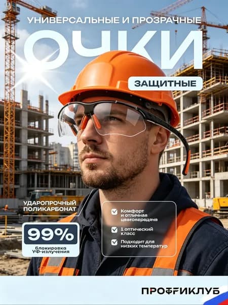 Очки защитные, цвет: Прозрачный, 1 шт.