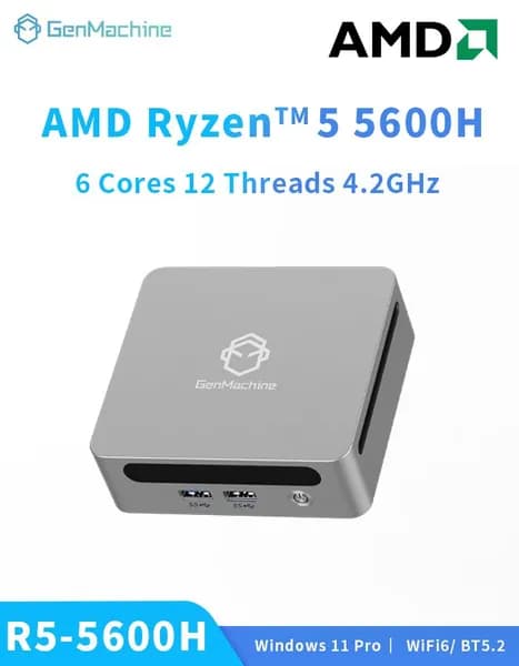 GenMachine MINI PC Мини-ПК (AMD Ryzen 5 5600H, RAM 16 ГБ, SSD 256 ГБ, AMD Radeon Vega 7, ), серебристый