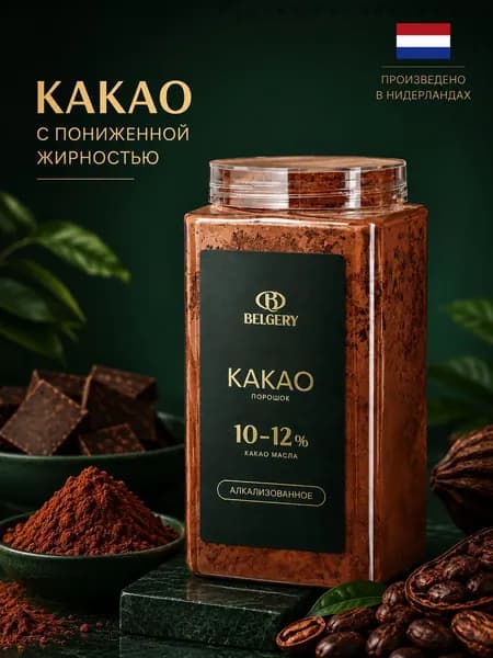 Какао порошок без сахара с пониженной жирностью 10-12% 200 г, Belgery