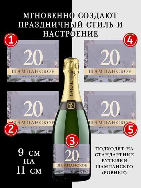 Наклейки юбилейные на бутылки шампанского 20 лет