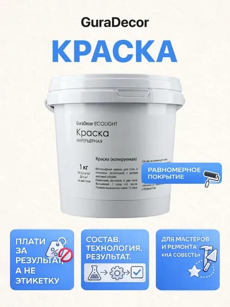Краска интерьерная ЭкоЛайт 1 кг. Для стен, потолков, обоев, для творчества