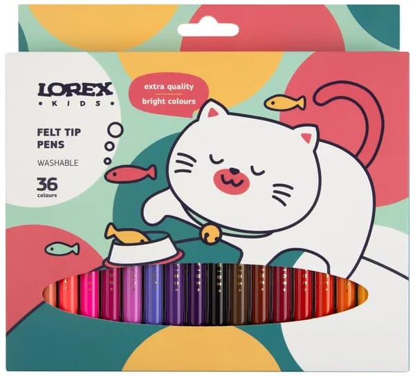 Фломастеры LOREX KIDS классические 36 цветов, круглый корпус, смываемые, картонная упаковка