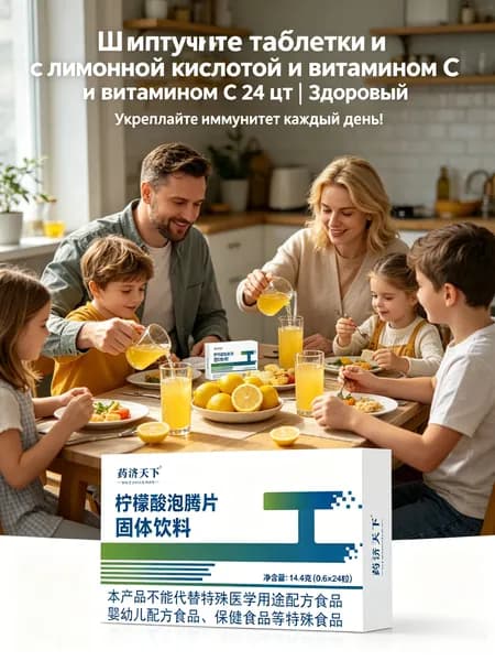 Шипучие таблетки лимонные с витамином C, 14,4 г (24 шт.), растворимый напиток