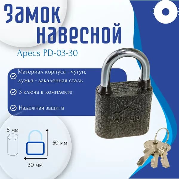 Замок навесной уличный на калитку Замки гаражные и почтовые Для шкафчика и чемодана с ключами Apecs PD-03-30 00012320