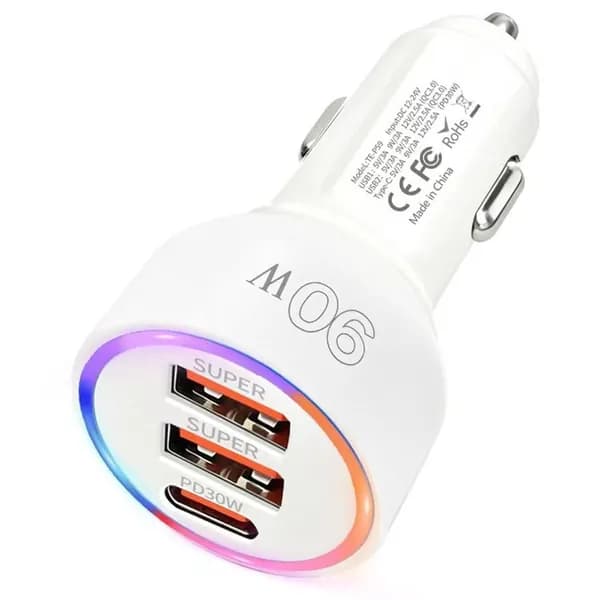 Автомобильное зарядное устройство 90W быстрое с подсветкой, АЗУ в прикуриватель 3 в 1 с кабелем QC+PD 30W
