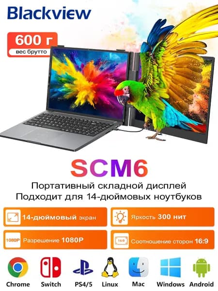Blackview 14" Монитор 14" Монитор SCM6, 4,5 мм ,600 г,дисплей 1080p,Частота обновления 60 Гц,Панель IPS,Сертификация TV Low Blue Light,2 полнофункциональных порта USB-C + 1 порт PD USB-C,Обратная зарядка мощностью 100 Вт, серый металлик (SCM6), IPS, 1920x1080 Full HD, 60 Гц